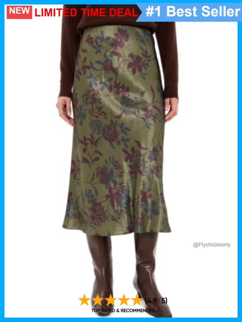 Satin Floral Midi Skirt Lightweight Stretch Elastic Waist